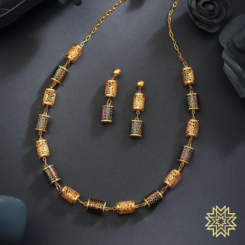 Gold Cylindrical Modern Meenakari Necklace Set