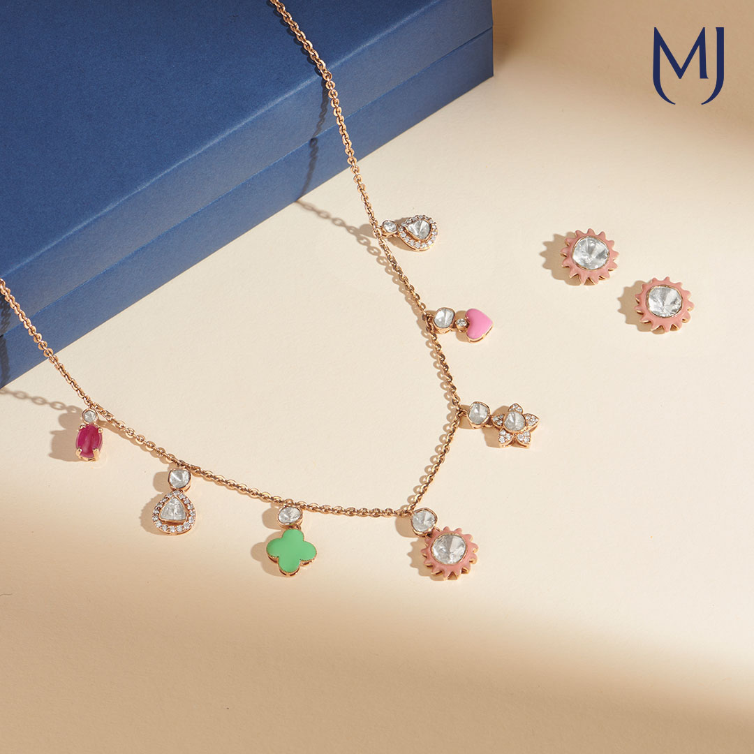 14 KT Painted Polki Charms Necklace