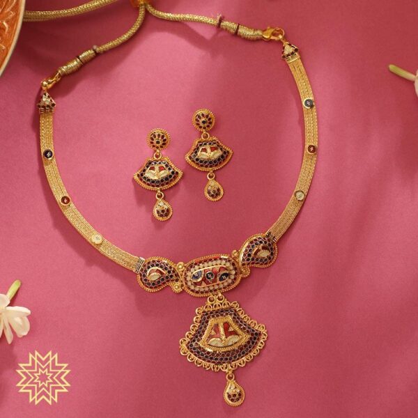 Ethnic Designer Bell Pendant Gold Necklace Set