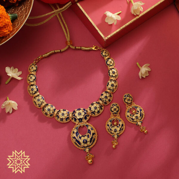 New Floral Artifect Design Dark Blue Gold Choker Necklace Set