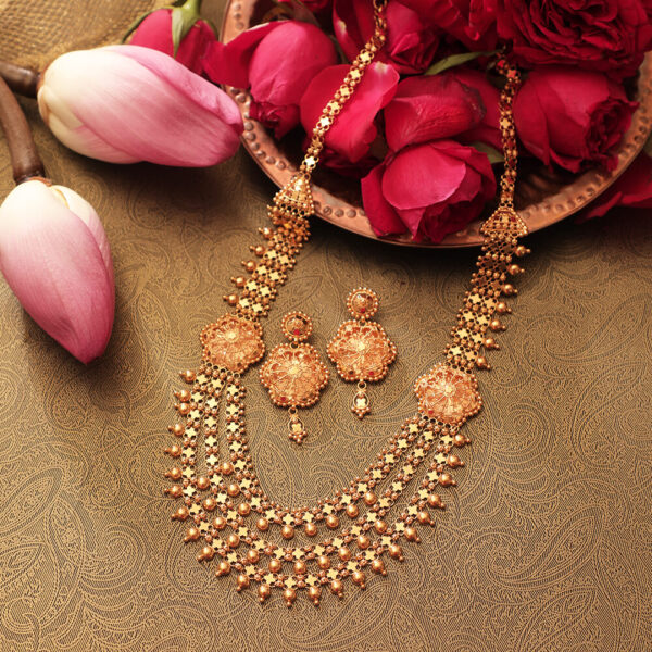 Exquisite 3 Layer Gold Necklace set with Floral earrings