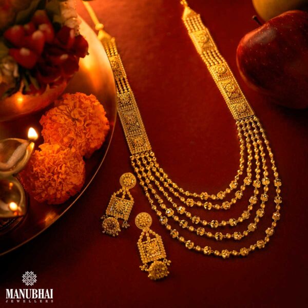 Vibrant Yellow 5 line Gold Mala Necklace set