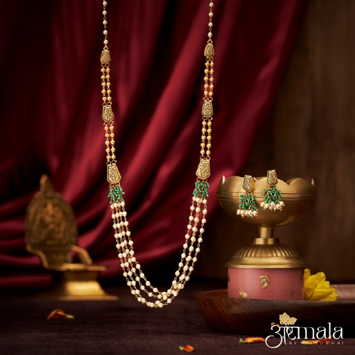 White Beaded layered Gold Necklace Set