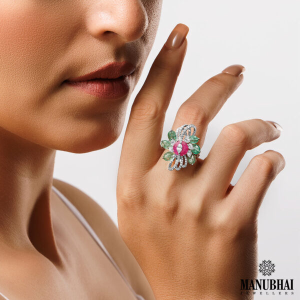 Floral Bow Diamond Ring with Gemstones (14KT)