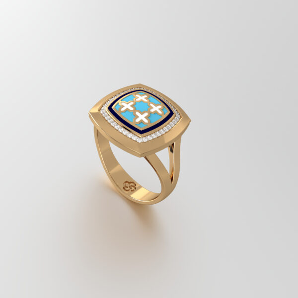 Gold Ring with Blue Enamel and Diamonds (18K)